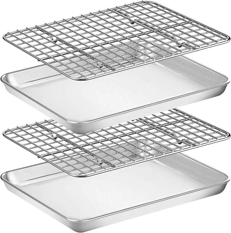Baking Sheet with Rack Set [2 Pans + 2 Racks], Wildone Stainless Steel Cookie Sheet Baking Pan Tray with Cooling Rack, Size 16 X 12 X 1 Inch, Non Toxic & Heavy Duty & Easy Clean Home & Garden > Kitchen & Dining > Cookware & Bakeware Wildone 10 x 8 x 1 inch  