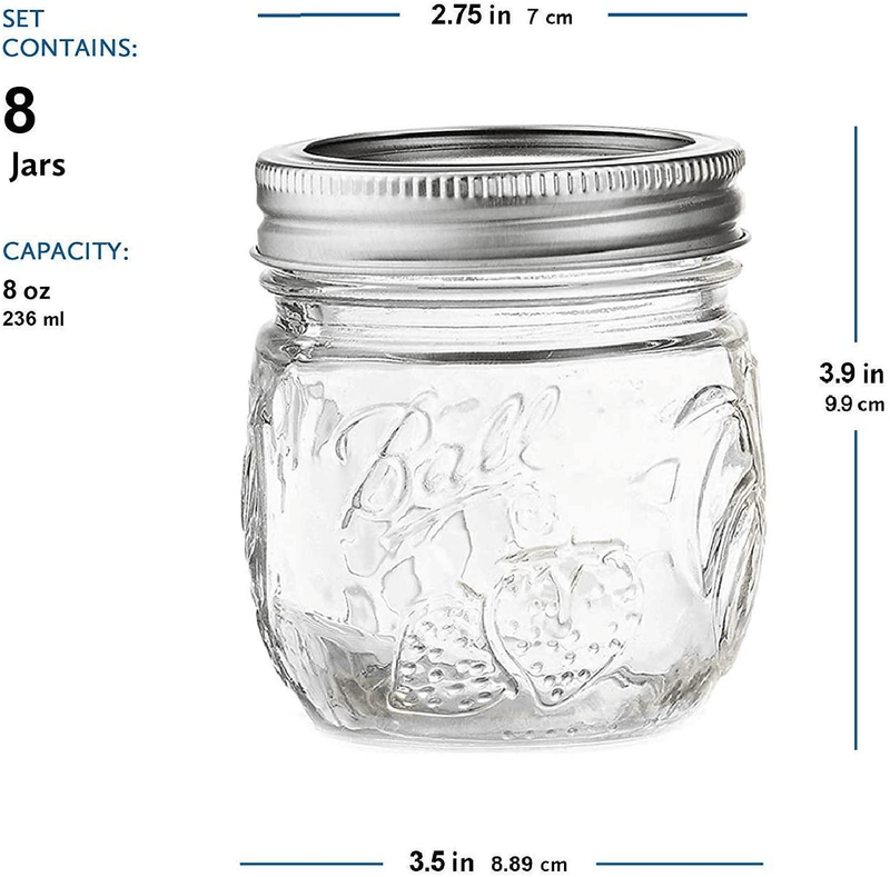 Ball Regular Mason Jar 8 oz, [Set of 8] Canning Jars, With Airtight Lids & Bands - Safe For Canning, Fermenting, Pickling, Storage - Beverages & Decor. Toxin Free, + SEWANTA Jar Opener