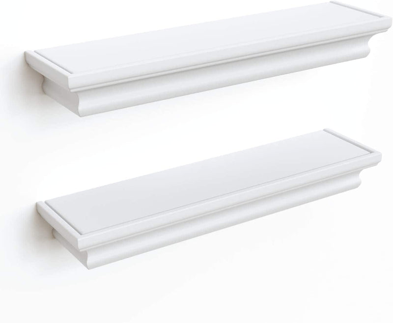 Ballucci Set of 2 Classic Floating Wall Shelves, Wooden Wall Mounted Ledges for Living Room, Bedroom, Bathroom, Kitchen, Office; 16 Inches - White Furniture > Shelving > Wall Shelves & Ledges Ballucci White  