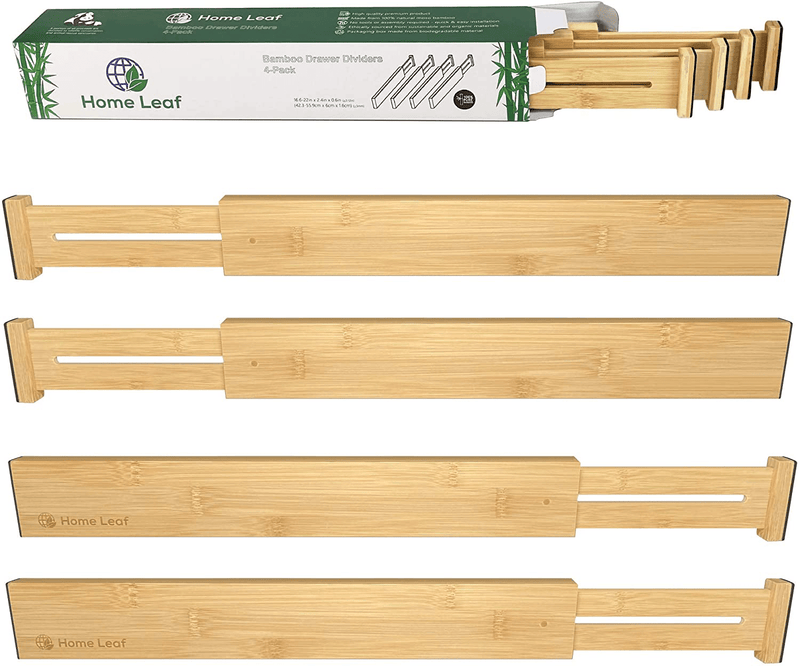 Bamboo Adjustable Drawer Divider - Set of 4 - Expandable Drawer Organizers - for Kitchen, Bedroom, Dresser, Baby, Nursery, Work, Office, Desk, Bathroom, Natural Look Home & Garden > Kitchen & Dining > Food Storage Home Leaf   