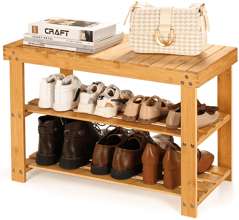 Bamboo Shoe Rack Bench, 3-Tier Shoe Shelf Organizer Holds up to 220 Lbs, Entryway Storage Bench Ideal for Hallway Bathroom Living Room by Pipishell Furniture > Cabinets & Storage > Armoires & Wardrobes Pipishell   