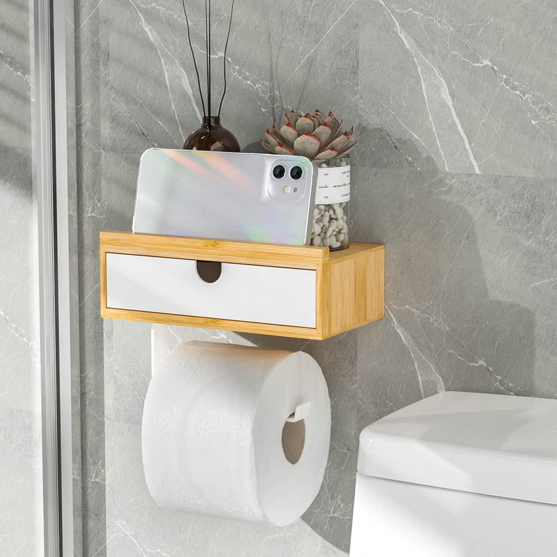 Bamboo Toilet Paper Holder with Shelf - Bathroom Toilet Paper Holder Wall Mount Modern Phone Holder Toilet Paper Roll Holder with Storage Box for Organizer Tampon or Small Items White Home & Garden > Household Supplies > Storage & Organization Domax   