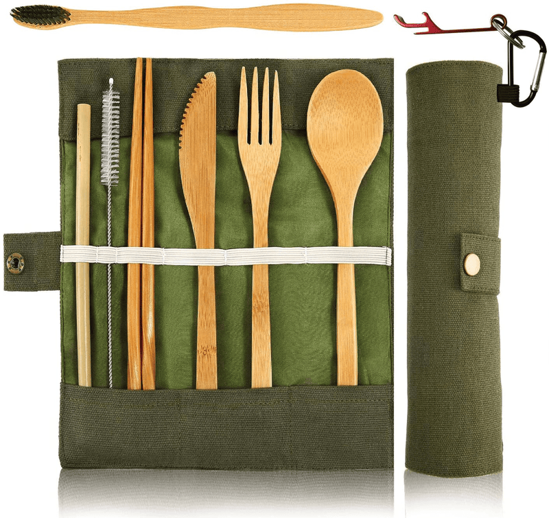 Bamboo Utensils Cutlery Set BEWBOW – Reusable Cutlery Travel Set – Eco-Friendly Wooden Silverware for Kids & Adults – Outdoor Portable Utensils with Case – Bamboo Spoon, Fork, Knife, Brush, Chopsticks
