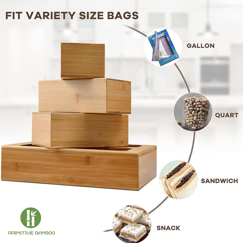 Bamboo Ziplock Bag Storage Organizer for Drawer, 5 Pcs Food Bag Storage Organizer and Dispenser Compatible with Gallon, Quart, Sandwich, Snack, Candy Variety Size Bags