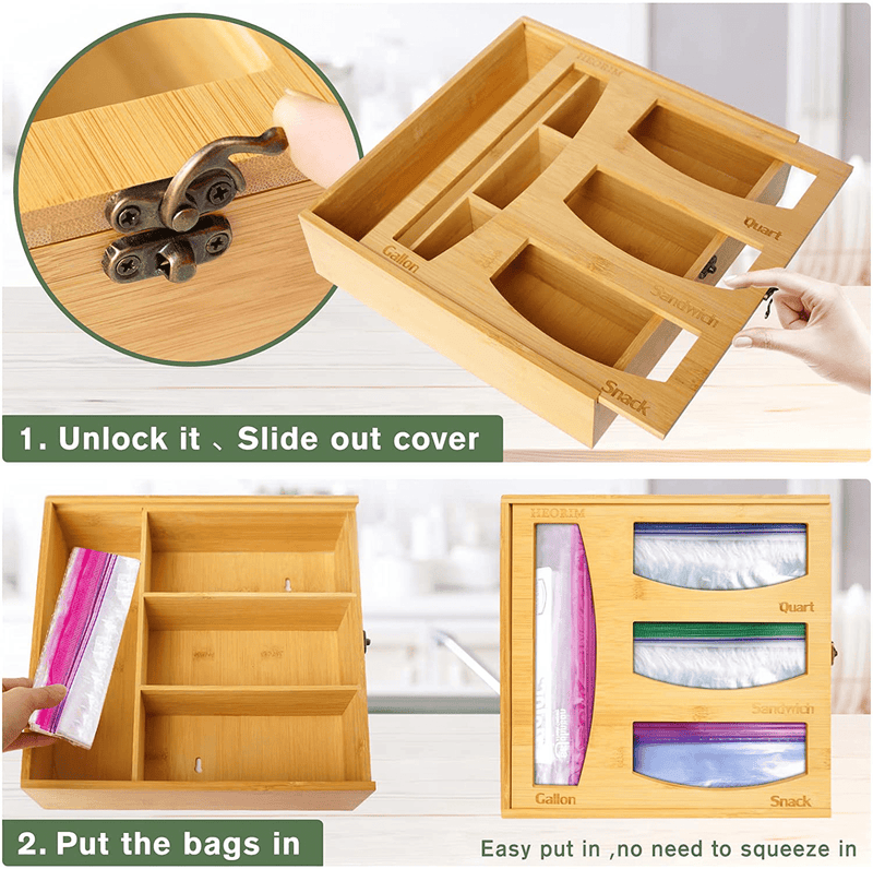 Bamboo Ziplock Bag Storage Organizer for Kitchen Drawer,Food Storage Bag Organizer Compatible with Gallon,Quart,Sandwich and Snack Multiple Size Bags-(Sliding Cover Design with Lock)