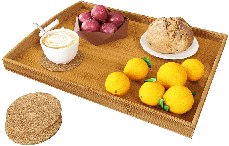 BAMEOS Serving Tray with Handle Bamboo Bed Tray with Two Coasters Food Couch Tray Works for Eating,Working,Storing,Décor, Used in Bedroom, Kitchen, Living Room, Bathroom, (16.9x12.99x1.96inches) Home & Garden > Decor > Decorative Trays BAMEOS Default Title  