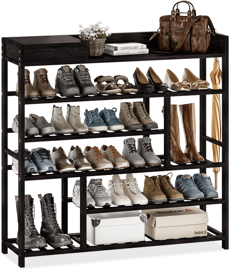 Bamworld Shoes Rack Shelf Organizer Entryway 5 Tier Bamboo for 24 Pair Boots Footwear Book Flowerpots with Storage Box (Black) Furniture > Cabinets & Storage > Armoires & Wardrobes Bamworld Black  