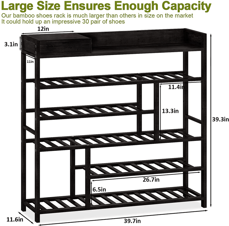 Bamworld Shoes Rack Shelf Organizer Entryway 5 Tier Bamboo for 24 Pair Boots Footwear Book Flowerpots with Storage Box (Black) Furniture > Cabinets & Storage > Armoires & Wardrobes Bamworld   
