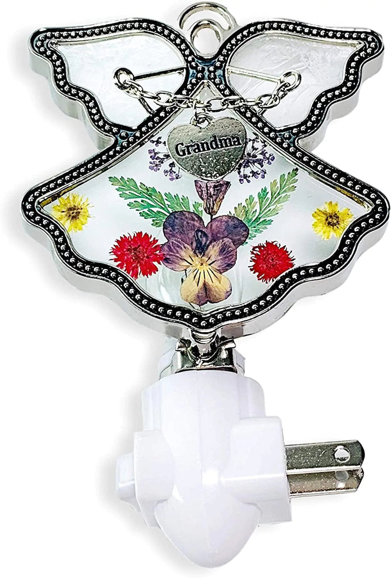BANBERRY DESIGNS Grandma Angel Nightlight - Pressed Flower Angel Night Light with Silver Heart Engraved 'Grandma Charm' - Grandmother Gift