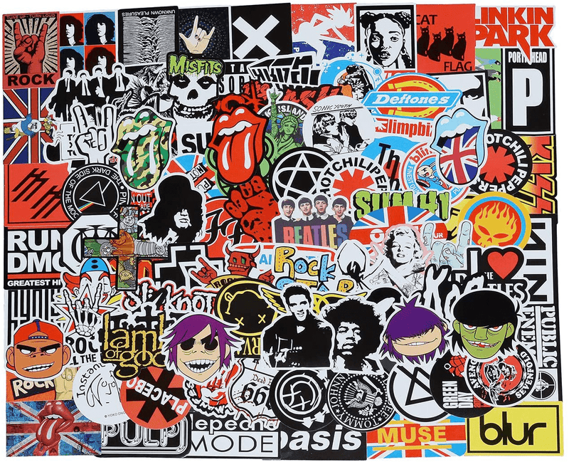 Band Stickers 100 Pcs Rock and Roll Music Stickers, Vinyl Waterproof Stickers for Personalize Laptop, Electronic Organ, Guitar, Piano, Helmet, Skateboard, Luggage Graffiti Decals