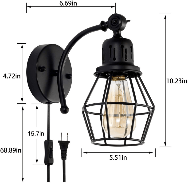 BANGANMA Plug in Wall Sconce Set of 2, Black Industrial Vintage Cage Wall Light Fixture with on off Switch，Wall Lamp with Plug in Cord for Bedroom Farmhouse Hallway Home & Garden > Lighting > Lighting Fixtures > Wall Light Fixtures KOL DEALS   