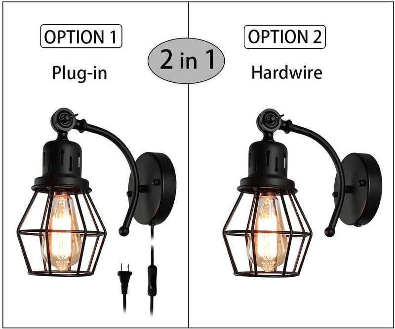 BANGANMA Plug in Wall Sconce Set of 2, Black Industrial Vintage Cage Wall Light Fixture with on off Switch，Wall Lamp with Plug in Cord for Bedroom Farmhouse Hallway