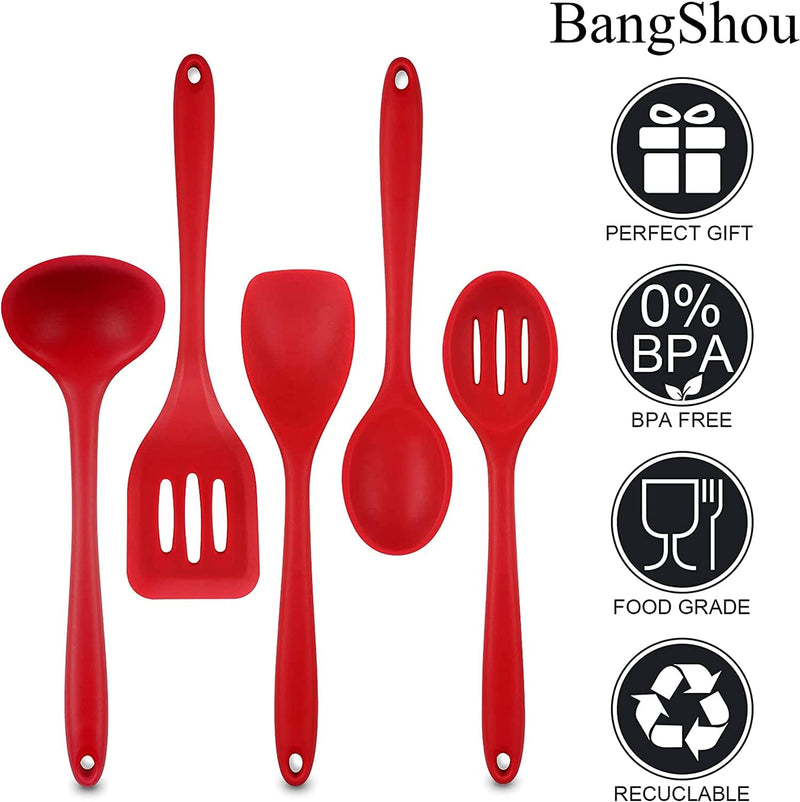 Bangshou 5Pack Cookware Set, Silicone Kitchenware Set, Food Grade Silicone Kitchen Gadgets, 446°F (230°C), with Silicone Spoon, Spatula, Spoon, Slotted Turner, Slotted Spoon - (Red 5Pack) Home & Garden > Kitchen & Dining > Kitchen Tools & Utensils BangShou   
