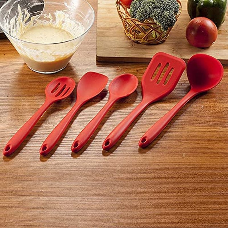 Bangshou 5Pack Cookware Set, Silicone Kitchenware Set, Food Grade Silicone Kitchen Gadgets, 446°F (230°C), with Silicone Spoon, Spatula, Spoon, Slotted Turner, Slotted Spoon - (Red 5Pack)