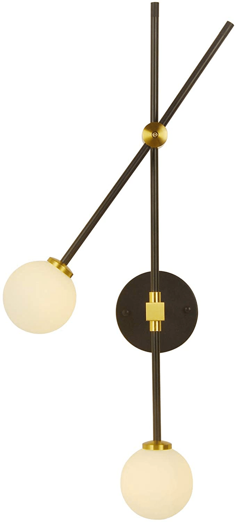 BAODEN 2 Lights Globe Wall Sconce Modern Industrial Wall Lamp with G4 Bulb Mid Century Rotatable Light Fixture Brushed Brass /Matte Black Finished with White Globe Glass Lampshade (Gold/Black Color)