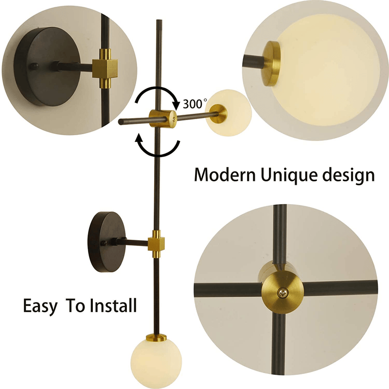 BAODEN 2 Lights Globe Wall Sconce Modern Industrial Wall Lamp with G4 Bulb Mid Century Rotatable Light Fixture Brushed Brass /Matte Black Finished with White Globe Glass Lampshade (Gold/Black Color)