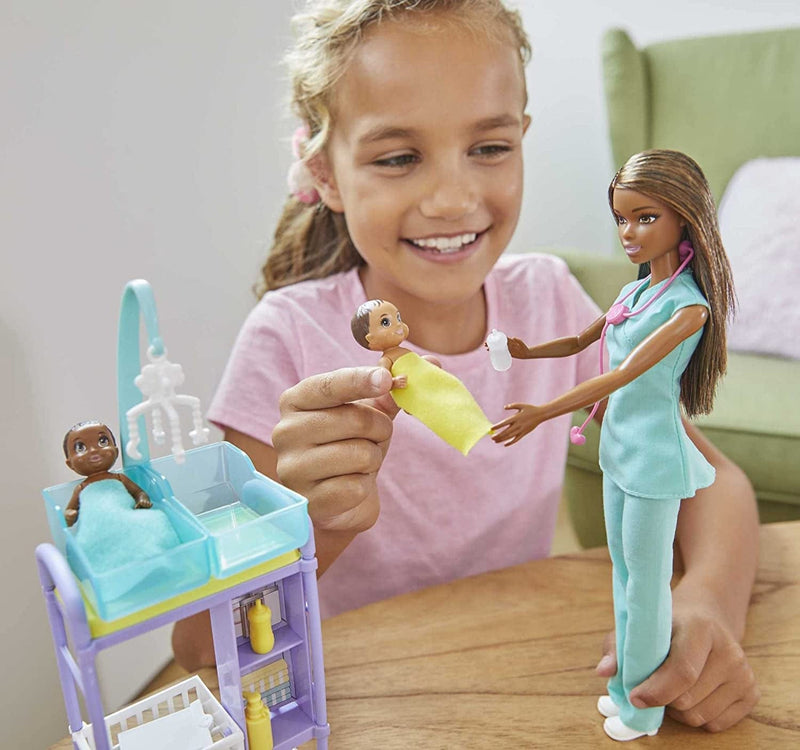 Barbie Baby Doctor Playset with Brunette Doll, 2 Infant Dolls, Exam Table and Accessories, Stethoscope, Chart and Mobile for Ages 3 and Up Sporting Goods > Outdoor Recreation > Winter Sports & Activities Mattel   