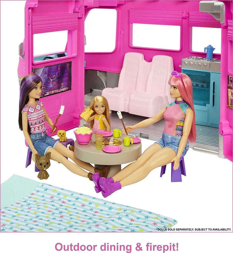 Barbie Camper, Dreamcamper Toy Playset with 60+ Barbie Accessories and Furniture Pieces, 7 Play Areas Including Pool and Slide