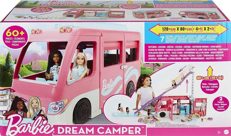 Barbie Camper, Dreamcamper Toy Playset with 60+ Barbie Accessories and Furniture Pieces, 7 Play Areas Including Pool and Slide