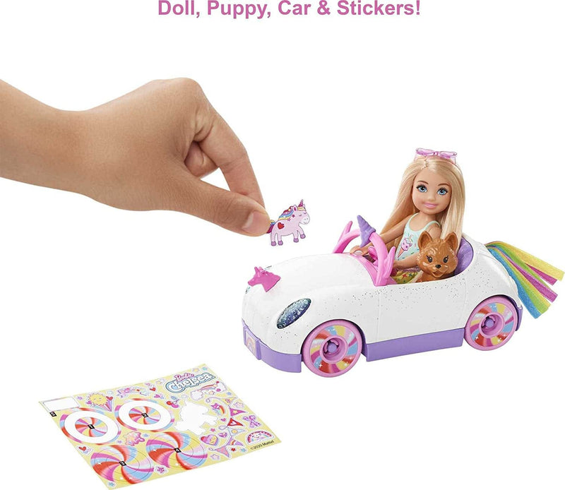 Barbie Club Chelsea Doll (6-Inch Blonde) with Open-Top Rainbow Unicorn-Themed Car, Pet Puppy, Sticker Sheet & Accessories, Gift for 3 to 7 Year Olds Sporting Goods > Outdoor Recreation > Winter Sports & Activities Mattel   
