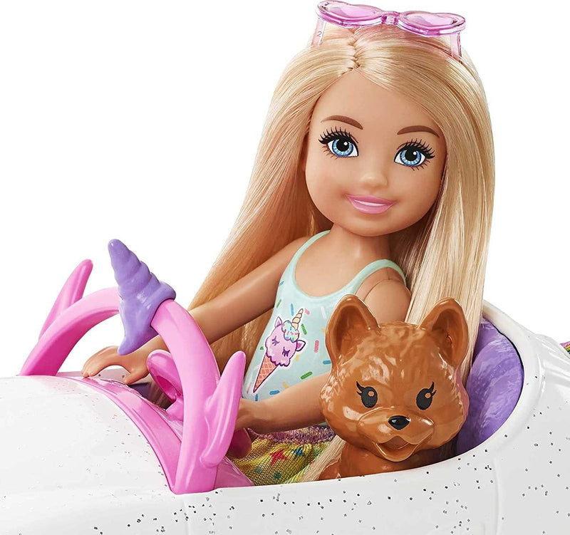 Barbie Club Chelsea Doll (6-Inch Blonde) with Open-Top Rainbow Unicorn-Themed Car, Pet Puppy, Sticker Sheet & Accessories, Gift for 3 to 7 Year Olds Sporting Goods > Outdoor Recreation > Winter Sports & Activities Mattel   