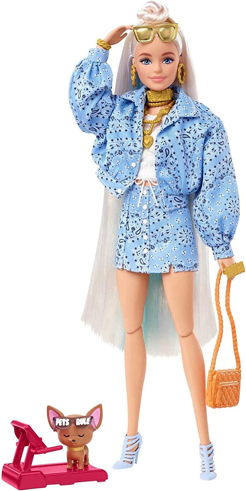 Barbie Dolls and Accessories, Barbie Extra Fashion Doll, Long Blonde Hair with Heart Icons and Pet Bunny, Floral Fashion, Toys and Gifts for Kids Sporting Goods > Outdoor Recreation > Winter Sports & Activities Mattel Blonde Blue Paisley Print  