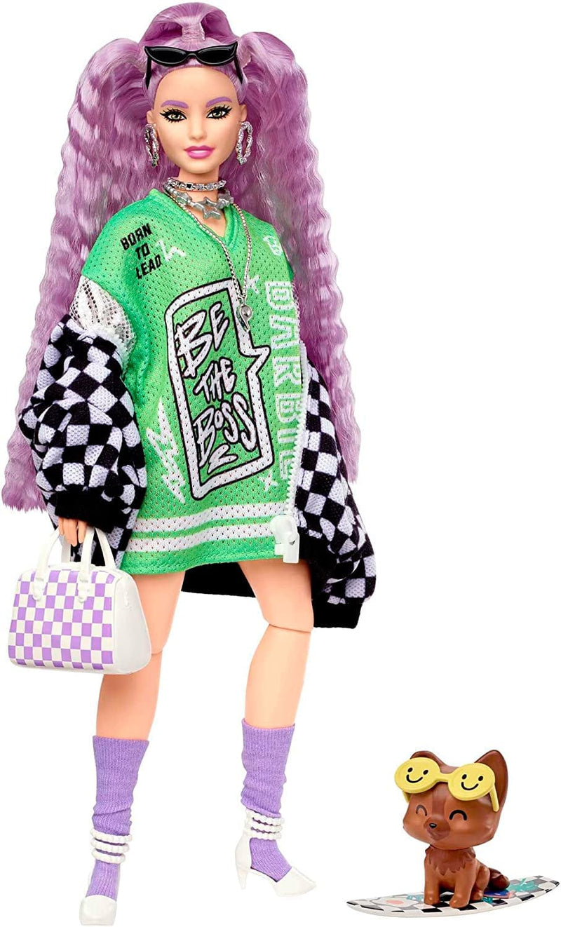 Barbie Dolls and Accessories, Barbie Extra Fashion Doll, Long Blonde Hair with Heart Icons and Pet Bunny, Floral Fashion, Toys and Gifts for Kids Sporting Goods > Outdoor Recreation > Winter Sports & Activities Mattel Lavender Hair Racecar Jacket  