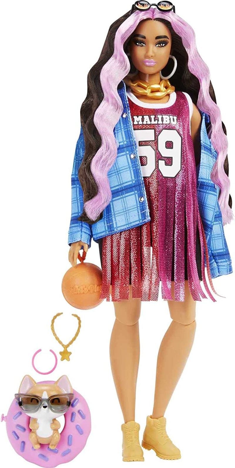 Barbie Dolls and Accessories, Barbie Extra Fashion Doll, Long Blonde Hair with Heart Icons and Pet Bunny, Floral Fashion, Toys and Gifts for Kids Sporting Goods > Outdoor Recreation > Winter Sports & Activities Mattel Pink Streaks Jersey Dress  