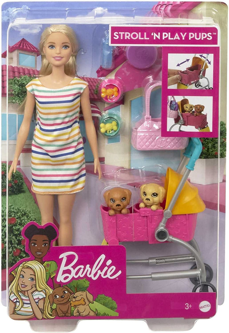 Barbie Stroll Â€˜N Play Pups Playset with Blonde Doll (11.5-Inch), 2 Puppies, Pet Stroller and Accessories, Gift for 3 to 7 Year Olds