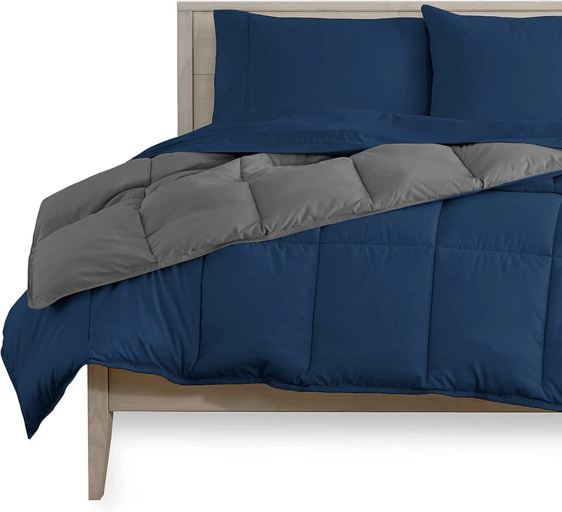 Bare Home Reversible Bedding Set 4 Piece Comforter & Sheet Set - Twin - down Alternative - Soft - Bedding Set (Twin, Dark Blue/Grey, Dark Blue) Home & Garden > Linens & Bedding > Bedding Bare Home   