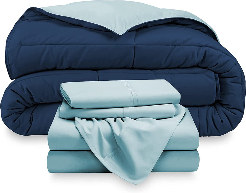 Bare Home Reversible Bedding Set 4 Piece Comforter & Sheet Set - Twin - down Alternative - Soft - Bedding Set (Twin, Dark Blue/Grey, Dark Blue)