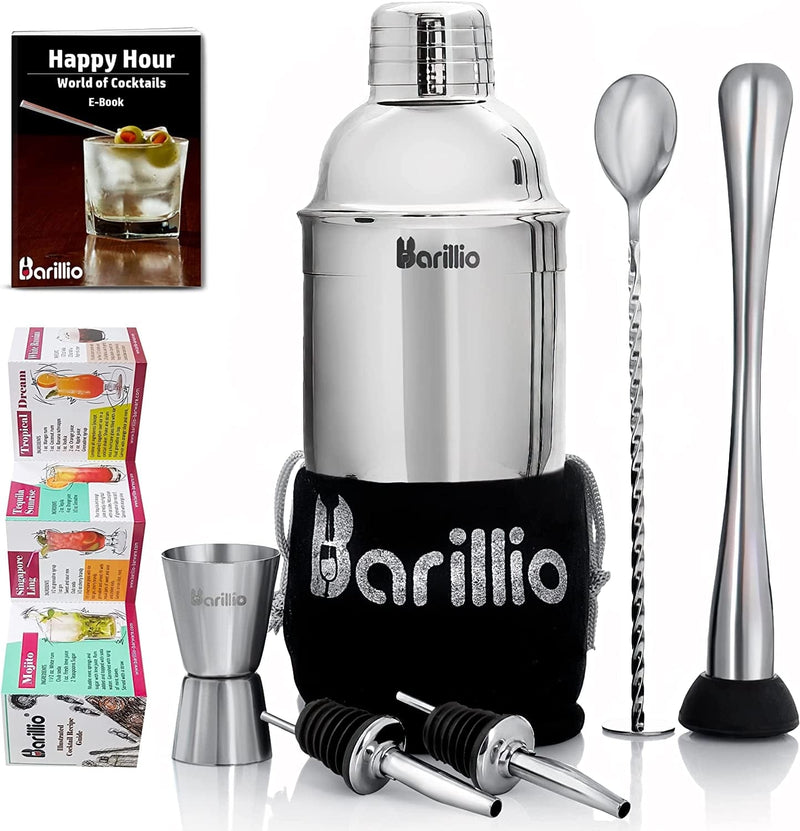 Barillio Elite Cocktail Shaker Set Bartender Kit 24 Oz Stainless Steel Martini Mixer, Muddler, Mixing Spoon, Jigger, 2 Liquor Pourers, Velvet Bag, Recipes Booklet & Ebook Home & Garden > Kitchen & Dining > Barware barillio Silver  