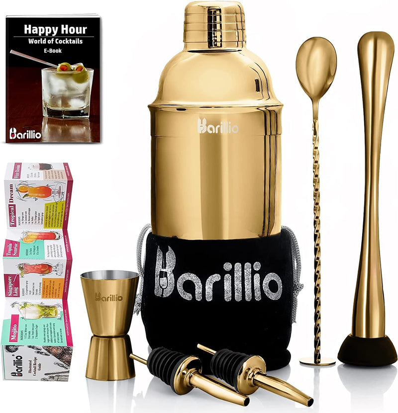 Barillio Elite Cocktail Shaker Set Bartender Kit 24 Oz Stainless Steel Martini Mixer, Muddler, Mixing Spoon, Jigger, 2 Liquor Pourers, Velvet Bag, Recipes Booklet & Ebook Home & Garden > Kitchen & Dining > Barware barillio Gold  