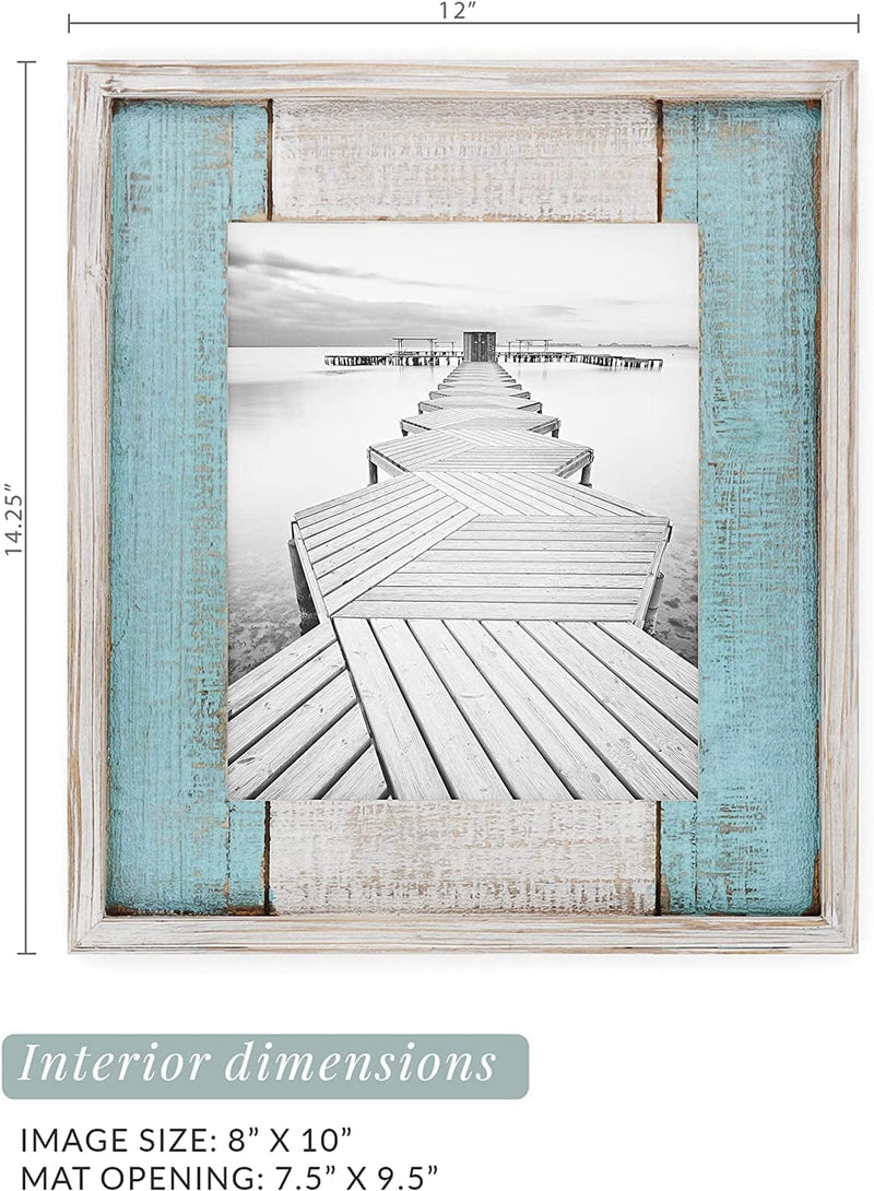 Barnyard Designs 8X10 Rustic Picture Frame Distressed Wood Picture Frame, Farmhouse Picture Frame, Rustic Frame Vertical or Horizontal Display, Tabletop Wall Hanging Farmhouse Frame, White/Turquoise