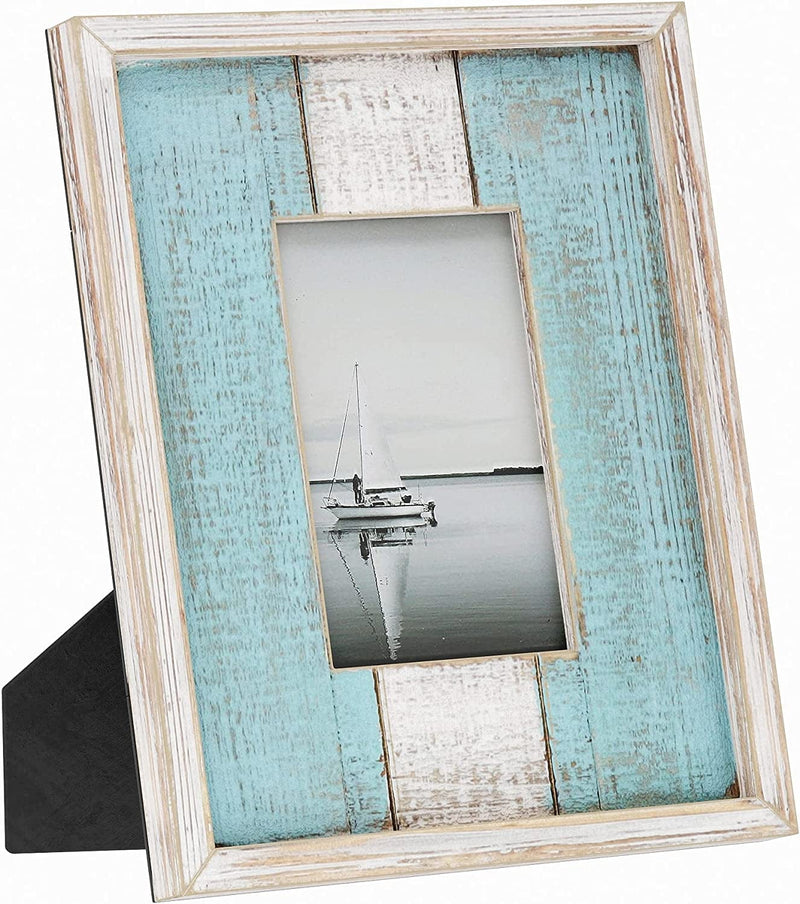 Barnyard Designs 8X10 Rustic Picture Frame Distressed Wood Picture Frame, Farmhouse Picture Frame, Rustic Frame Vertical or Horizontal Display, Tabletop Wall Hanging Farmhouse Frame, White/Turquoise