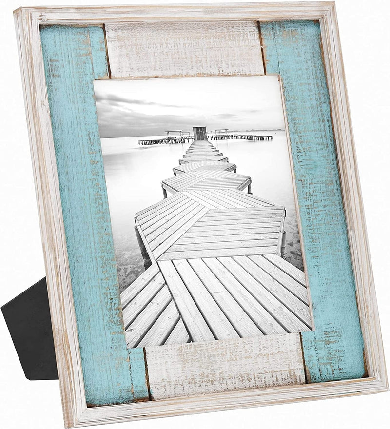 Barnyard Designs 8X10 Rustic Picture Frame Distressed Wood Picture Frame, Farmhouse Picture Frame, Rustic Frame Vertical or Horizontal Display, Tabletop Wall Hanging Farmhouse Frame, White/Turquoise Home & Garden > Decor > Picture Frames Barnyard Designs 1 8" x 10" 