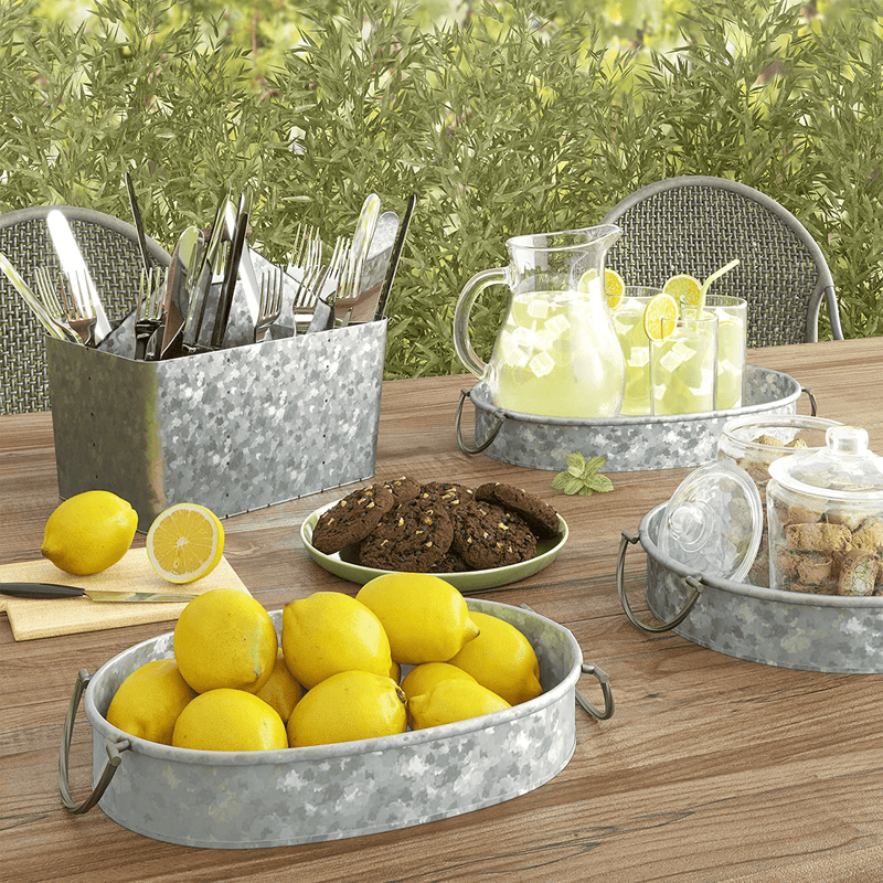 Barnyard Designs Decorative Galvanized Metal Oval Nesting Tray Set with Folding Handles, Rustic Distressed Vintage Serving Trays for Country Kitchen, Coffee Table, Large Tray: 15.75" x 10.5", Set of 3