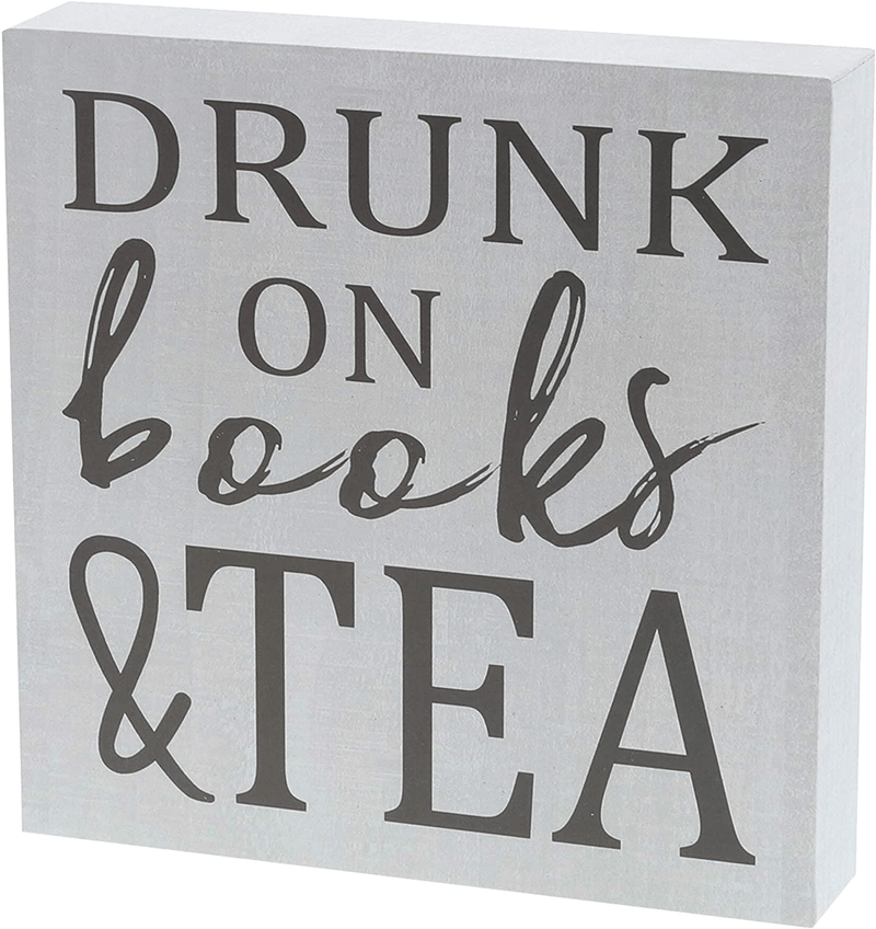 Barnyard Designs Drunk On Books & Tea Box Wall Art Sign Primitive Country Home Decor Sign with Sayings 8” x 8” Home & Garden > Decor > Seasonal & Holiday Decorations Barnyard Designs Default Title  