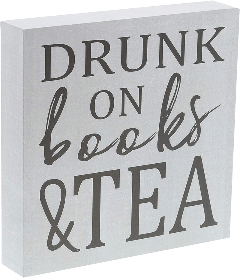 Barnyard Designs Drunk On Books & Tea Box Wall Art Sign Primitive Country Home Decor Sign with Sayings 8” x 8”