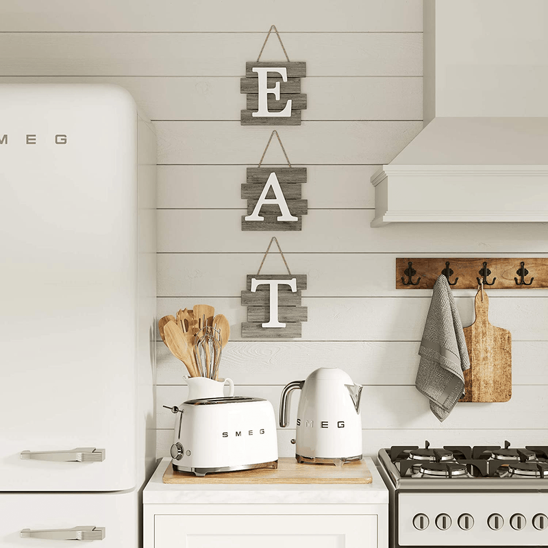 Barnyard Designs Eat Sign Wall Decor, Rustic Farmhouse Decoration for Kitchen and Home, Decorative Hanging Wooden Letters, Country Wall Art, Distressed Brown/White, 24" x 8”