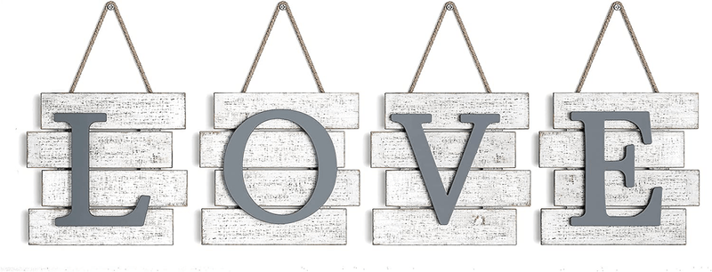 Barnyard Designs Love Wall Tile Sign, Distressed Rustic Farmhouse Wood Wall Decor for Home and Kitchen 32" x 8” Home & Garden > Decor > Seasonal & Holiday Decorations Barnyard Designs White/Grey  