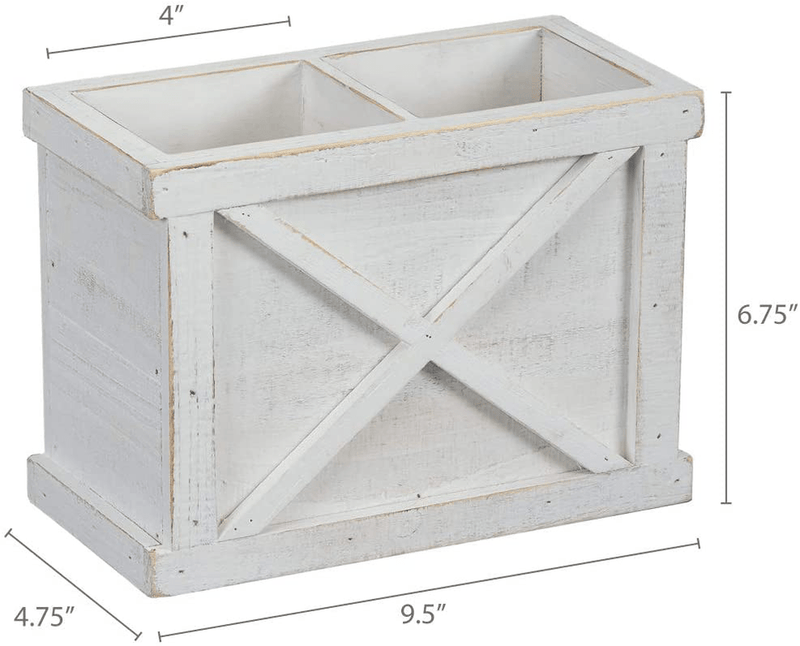 Barnyard Designs Wood Utensil Holder Caddy - Wooden Utensil Crock Storage Organizer Rustic Primitive Country Farmhouse Kitchen Decor, White 9.5" x 6.75”(White/White)