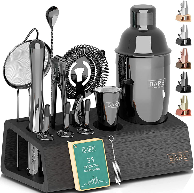 Bartender Kit | 14-Piece Cocktail Shaker Set with Bamboo Stand Great for Home Drink Mixing | Boston Bar Set Made of Rustproof Stainless Steel Tools | Recipe Cards Included (Black on Silver) Home & Garden > Kitchen & Dining > Barware Bare Barrel Jet Black Cobbler Shaker 