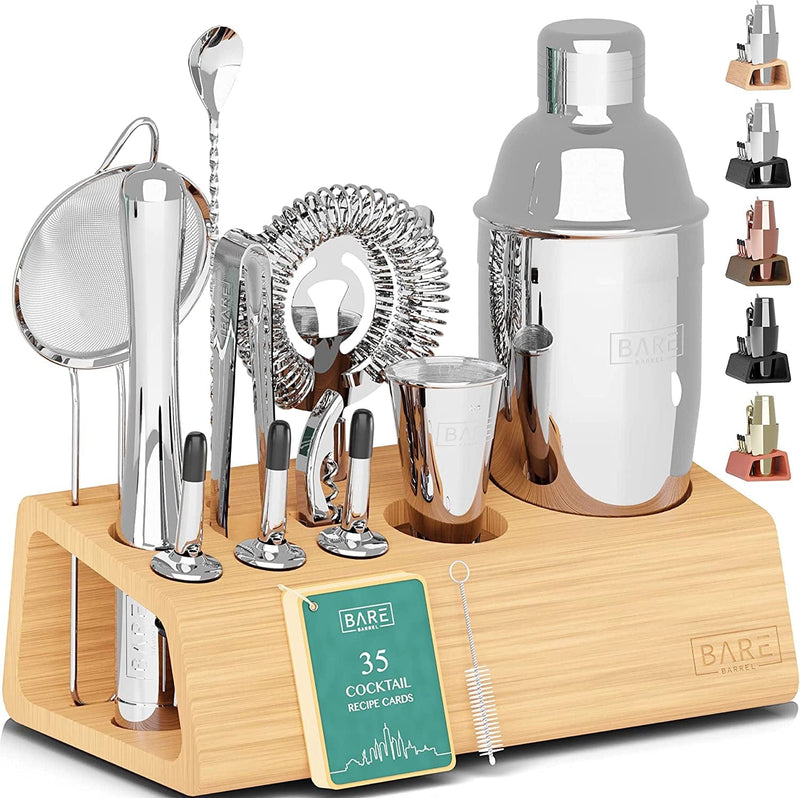 Bartender Kit | 14-Piece Cocktail Shaker Set with Bamboo Stand Great for Home Drink Mixing | Boston Bar Set Made of Rustproof Stainless Steel Tools | Recipe Cards Included (Black on Silver) Home & Garden > Kitchen & Dining > Barware Bare Barrel BambooSilver Cobbler Shaker 