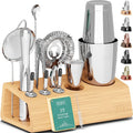 Bartender Kit | 14-Piece Cocktail Shaker Set with Bamboo Stand Great for Home Drink Mixing | Boston Bar Set Made of Rustproof Stainless Steel Tools | Recipe Cards Included (Black on Silver) Home & Garden > Kitchen & Dining > Barware Bare Barrel BambooSilver Boston Shaker 