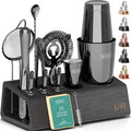 Bartender Kit | 14-Piece Cocktail Shaker Set with Bamboo Stand Great for Home Drink Mixing | Boston Bar Set Made of Rustproof Stainless Steel Tools | Recipe Cards Included (Black on Silver) Home & Garden > Kitchen & Dining > Barware Bare Barrel Jet Black Boston Shaker 