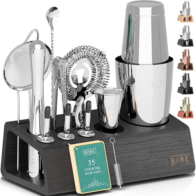 Bartender Kit | 14-Piece Cocktail Shaker Set with Bamboo Stand Great for Home Drink Mixing | Boston Bar Set Made of Rustproof Stainless Steel Tools | Recipe Cards Included (Black on Silver) Home & Garden > Kitchen & Dining > Barware Bare Barrel Black/Silver Boston Shaker 