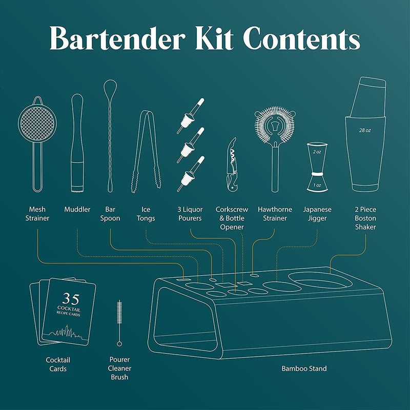Bartender Kit | 14-Piece Cocktail Shaker Set with Bamboo Stand Great for Home Drink Mixing | Boston Bar Set Made of Rustproof Stainless Steel Tools | Recipe Cards Included (Black on Silver) Home & Garden > Kitchen & Dining > Barware Bare Barrel   