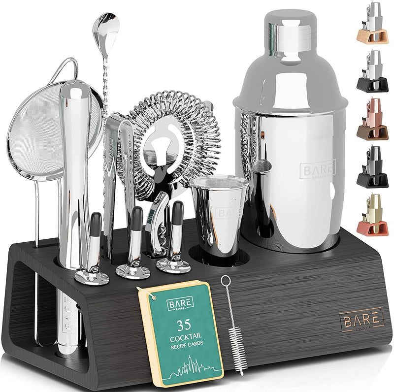 Bartender Kit | 14-Piece Cocktail Shaker Set with Bamboo Stand Great for Home Drink Mixing | Boston Bar Set Made of Rustproof Stainless Steel Tools | Recipe Cards Included (Black on Silver) Home & Garden > Kitchen & Dining > Barware Bare Barrel Black/Silver Cobbler Shaker 