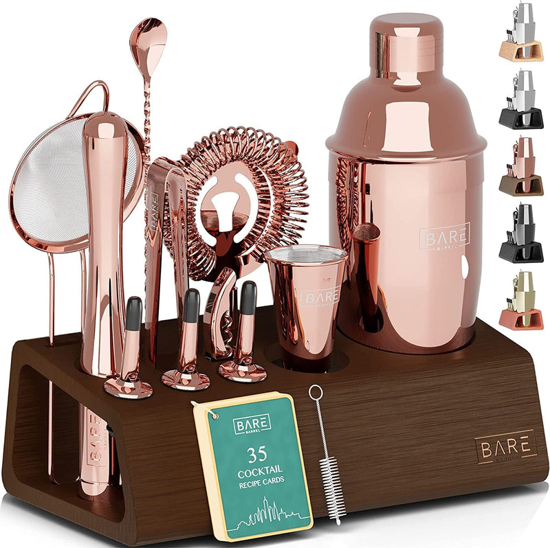 Bartender Kit | 14-Piece Cocktail Shaker Set with Bamboo Stand Great for Home Drink Mixing | Boston Bar Set Made of Rustproof Stainless Steel Tools | Recipe Cards Included (Black on Silver) Home & Garden > Kitchen & Dining > Barware Bare Barrel Rose Copper Cobbler Shaker 
